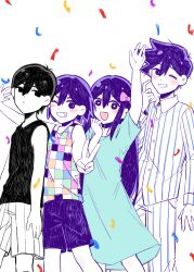 +_+ 1girl 3boys :d ;d absurdres antenna_hair arm_at_side arm_up arms_at_sides aubrey_(headspace)_(omori) aubrey_(omori) bailan1130 bare_arms bare_shoulders behind_another black_eyes black_hair black_tank_top blue_dress blue_pants blue_shirt blush brothers buttons checkered_clothes chinese_commentary collared_shirt colored_skin commentary_request confetti double-parted_bangs dress empty_eyes expressionless eyebrows_hidden_by_hair feet_out_of_frame foreshortening grin hair_behind_ear hair_between_eyes hand_on_own_chin hand_up hatching_(texture) hero_(headspace)_(omori) hero_(omori) highres kel_(headspace)_(omori) kel_(omori) long_hair long_sleeves looking_at_viewer medium_dress multiple_boys no_pupils omori omori_(omori) one_eye_closed open_mouth outstretched_arm pants purple_eyes purple_hair purple_shorts shirt short_hair short_sleeves shorts siblings simple_background slit_pupils smile standing striped_clothes striped_pants striped_shirt striped_shorts tank_top two-tone_pants two-tone_shirt v v-shaped_eyebrows vertical-striped_clothes vertical-striped_pants vertical-striped_shirt vertical-striped_shorts very_long_hair very_short_hair white_background white_pants white_shirt white_shorts white_skin