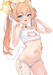 1girl animal_ear_fluff animal_ears aqua_eyes bell bikini blonde_hair blue_archive cat_cutout cat_ears cat_tail cleavage_cutout clothing_cutout collar fang halo highres looking_at_viewer mari_(blue_archive) navel neck_bell paw_pose simple_background skin_fang solo stomach swimsuit tail thighs white_background white_bikini white_collar yellow_halo zarashi