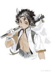1boy abs absurdres animal_ears arknights braid chinese_commentary commentary_request cow_boy cow_ears cow_horns gloves highres holding holding_stick horns looking_at_viewer male_focus muscular muscular_male open_clothes open_mouth open_shirt partially_fingerless_gloves pectorals shirt stick wan_qing_(arknights) white_background white_gloves white_shirt yi_tan_a_mi_ba