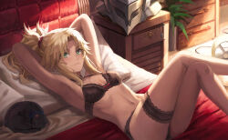 1girl armpits arms_behind_head arms_up bed black_bra black_cat black_choker black_panties blonde_hair blush bra braid breasts cat choker commentary commentary_request crossed_legs earrings frilled_thigh_strap green_eyes hair_ornament helmet highres indoors jewelry long_hair looking_at_viewer lying mordred_(fate) mordred_(fate/apocrypha) on_back on_bed panties ponytail single_braid small_breasts smile solo thigh_strap tonee underwear underwear_only