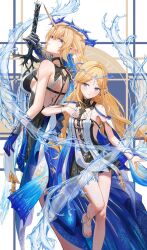2girls armored_gloves bare_legs bare_shoulders black_dress blue_eyes breasts cartethyia_(wuthering_waves) closed_mouth commentary crown_of_thorns dress dual_persona earrings english_commentary fleurdelys_(wuthering_waves) floating_earrings gloves holding holding_sword holding_weapon horns jewelry kaze_22 large_breasts legs long_horns looking_at_viewer multiple_girls parted_lips pointy_ears sandals single_glove single_horn small_breasts smile sword tabard tacet_mark_(wuthering_waves) thighs toes weapon white_tabard wuthering_waves yellow_horns