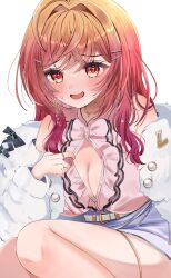 1girl bare_shoulders blush breasts cleavage gradient_hair hair_ornament hairclip highres hololive hololive_dev_is ichijou_ririka jewelry large_breasts looking_at_viewer mainai_(pochiwan1108) multicolored_hair necklace open_clothes open_mouth orange_hair pink_shirt purple_skirt red_eyes red_hair shirt simple_background sitting skirt smile solo sweat virtual_youtuber white_background