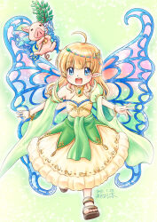 1girl akihara_ryou blonde_hair blue_eyes breasts butterfly_wings dress fam_valhoef highres insect_wings iris_mysteria! pointy_ears small_breasts solo wings