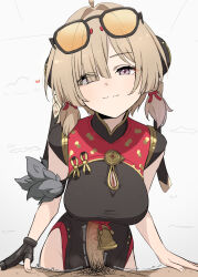 1boy 1girl black_dress black_pubic_hair blonde_hair breasts censored china_dress chinese_clothes cleavage_cutout closed_mouth clothing_cutout donutman dress eyewear_on_head fingerless_gloves gloves grey_background hetero highres large_breasts male_pubic_hair mosaic_censoring paizuri penis pubic_hair purple_eyes single_glove smile solo_focus sunglasses sweety_(zenless_zone_zero) tinted_eyewear yellow-tinted_eyewear zenless_zone_zero