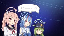 3girls :o ahoge blank_stare blue_archive blue_hair blue_halo blush_stickers cardigan chise_(blue_archive) commentary_request dialogue_box flower green_hair green_halo hair_flower hair_ornament halo hat highres hikari_(blue_archive) horns jitome long_hair momomatang multiple_girls natsu_(blue_archive) night night_sky oni pantyhose peaked_cap pink_hair pink_halo pointy_ears red_eyes sailor_collar school_uniform serafuku side_ponytail skin-covered_horns sky star_(sky) starry_sky triangle_mouth white_cardigan yellow_eyes
