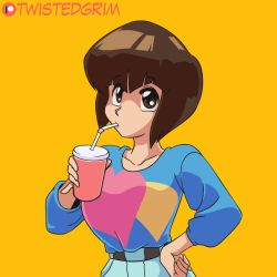 1girl @_@ animated animated_gif artist_name belt breast_padding brown_eyes brown_hair cup drinking drinking_straw english_text hand_on_own_hip p-chan patreon_logo pig ranma_1/2 smile tendou_nabiki twistedgrim upper_body
