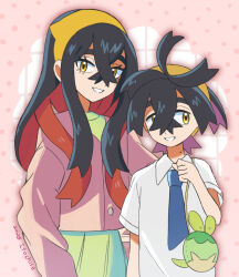 1boy 1girl alternate_costume applin black_hair blue_necktie brother_and_sister buttons cardigan carmine_(pokemon) clenched_hand collared_shirt colored_inner_hair commentary_request crossed_bangs gen_8_pokemon grin hair_between_eyes hairband hand_up kieran_(pokemon) mole mole_on_neck multicolored_hair necktie nintendo orange_(orangelv20) pokemon pokemon_sv shirt siblings skirt smile teeth yellow_eyes yellow_hairband