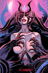 1girl absurdres bare_shoulders breasts collarbone colored_skin completely_nude crown demon_girl extra_arms hands_on_own_breasts highres horns large_breasts milos_slavkovic monster_girl multiple_horns nude open_mouth pink_eyes pink_skin purple_background purple_skin slaanesh tentacles tongue tongue_out warhammer_40k wide_hips