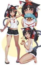 1girl :d absurdres animal_ear_fluff animal_ears barefoot black_collar black_hair black_shorts breasts cat_ears cat_girl cat_tail clothes_pull collar facial_mark fang fish flip-flops forehead_mark from_side headband headpat heart highres loli looking_at_viewer midriff mouth_hold multiple_tails multiple_views neck_bell nekomiya_mana nyan one_eye_closed open_mouth petting purring red_eyes sandals seiza shirt short_shorts shorts shorts_pull sitting sleeveless small_breasts smile solo_focus sound_effects standing tail two-tone_background two_tails white_shirt zancrowkami zenless_zone_zero