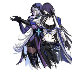 2girls acheron_(honkai:_star_rail) asymmetrical_footwear bare_shoulders black_choker black_gloves black_shorts black_swan_(honkai:_star_rail) boots breasts chain chain_around_arm choker cleavage coat coattails detached_sleeves dress elbow_gloves gloves hair_over_one_eye hair_spread_out highres honkai:_star_rail honkai_(series) knee_boots large_breasts long_hair midriff multicolored_hair multiple_girls navel pantyhose pardonme119 purple_dress purple_gloves purple_hair purple_sleeves purple_veil scabbard sheath shorts single_bare_shoulder single_knee_boot single_thigh_boot single_wide_sleeve smile streaked_hair thigh_boots veil very_long_hair white_coat yellow_eyes yuri