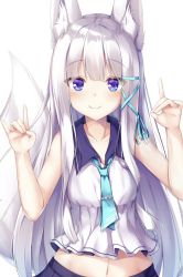 1girl animal_ears blue_necktie blue_ribbon blue_skirt blunt_bangs blush closed_mouth collarbone eyes_visible_through_hair female_focus fox_ears fox_girl fox_shadow_puppet fox_tail frills hair_between_eyes hair_ribbon hands_up highres long_hair looking_at_viewer muoto navel necktie original pleated_skirt purple_eyes ribbon sailor_collar school_uniform shirt silver_hair simple_background skirt sleeveless smile solo tail very_long_hair white_background white_shirt yuki_kawachi