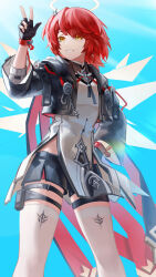 1girl absurdres arknights belt black_gloves black_jacket black_shorts cowboy_shot cropped_jacket detached_wings dress earrings energy_wings exusiai_(arknights) exusiai_the_new_covenant_(arknights) fingerless_gloves gloves halo hand_on_own_hip hand_up highres jacket jewelry long_sleeves looking_at_viewer medium_hair mr04 open_clothes open_jacket red_hair shorts smile solo thigh_belt thigh_strap thighhighs traditional_halo v white_dress white_thighhighs wings yellow_eyes