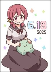1girl black_border black_skirt blush border braid closed_mouth collared_shirt commentary_request dated floral_background high-waist_skirt low_twintails murosaki_miyo neck_ribbon nekotoufu onii-chan_wa_oshimai! purple_eyes red_hair red_ribbon ribbon shirt short_sleeves skirt smile solo twin_braids twintails white_background white_shirt