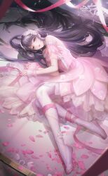 Rule 34 | 1girl, ankle ribbon, artist request, ballet slippers, bare shoulders, black hair, bow, bow legwear, box, closed mouth, detached sleeves, dress, expressionless, feather hair ornament, feathers, floral print, flower, frilled dress, frills, full body, game cg, grey eyes, hair flower, hair ornament, hair spread out, highres, in box, in container, indoors, lace-trimmed sleeves, lace trim, leg ribbon, light blush, light particles, lilith (shining nikki), lipstick, long hair, lying, makeup, music box, nikki (series), official art, on side, pantyhose, petals, pink bow, pink dress, pink lips, pink ribbon, pink shoes, pink sleeves, pink wrist cuffs, rhythmic dance (shining nikki), ribbon, rose, rose print, see-through clothes, see-through wrist cuffs, shining nikki, shoes, short dress, short sleeves, solo, strapless, strapless dress, very long hair, white flower, white pantyhose, white rose, wrist cuffs
