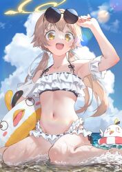 1girl bikini blue_archive eyewear_on_head frilled_bikini frills hair_ornament halo hifumi_(blue_archive) hifumi_(swimsuit)_(blue_archive) highres innertube light_brown_hair low_twintails off-shoulder_bikini off_shoulder official_alternate_costume open_mouth peroro_(blue_archive) ribbon-trimmed_bikini ribbon-trimmed_swimsuit ribbon_trim round_eyewear side-tie_bikini_bottom sitting smile stuffed_animal stuffed_bird stuffed_toy sunglasses swim_ring swimsuit teeth twintails upper_teeth_only wariza white_bikini wing_hair_ornament winged_halo yellow_halo yumeme_818