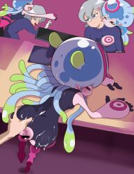 aftersex bandaged_arm bandages black_sclera blue_eyes blush colored_sclera couple cum cum_in_pussy dan_de_lion digimon digimon_(creature) digimon_ghost_game grabbing_another&#039;s_ass groping heart heart-shaped_pupils higashimitarai_kiyoshiro highres imminent_penetration jellyfish_girl jellymon monster_girl short_hair symbol-shaped_pupils tentacle_hair tentacles white_hair