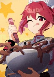 1girl belt black_belt bowl chocolate commentary fin_gocco grey_jacket hair_between_eyes highres holding holding_bowl holding_whisk jacket kasane_teto kasane_teto_(sv) midriff_peek red_eyes red_hair red_trim shoulder_belt shoulder_boards solo striped_clothes striped_jacket symbol-only_commentary synthesizer_v tongue utau valentine whisk