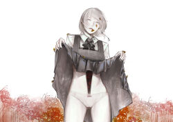 1girl absurdres black_dress black_nails bug chainsaw_man clothes_lift collared_shirt commentary death_devil_(chainsaw_man) deep_wound dress dress_lift earrings fami_(chainsaw_man) flower fourth_east_high_school_uniform grey_eyes grey_hair highres injury insect jewelry lifting_own_clothes looking_at_viewer moth open_mouth panties pinafore_dress red_flower school_uniform shirt sleeveless sleeveless_dress solo spider_lily spoilers su3 symbol-only_commentary underwear white_background white_panties white_shirt