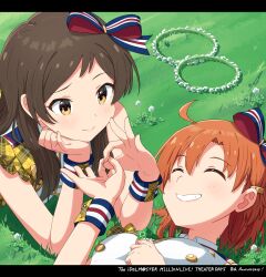 Rule 34 | 2girls, absurdres, ahoge, anniversary, bow, brown eyes, brown hair, closed eyes, closed mouth, clover, create festival (idolmaster), day, fingernails, four-leaf clover, grass, grin, hair bow, head rest, highres, holding, holding clover, houraijin, idolmaster, idolmaster million live!, idolmaster million live! theater days, kitazawa shiho, long hair, looking at another, lying, multicolored bow, multiple girls, on back, on grass, on stomach, orange hair, outdoors, short hair, sleeveless, smile, wrist cuffs, yabuki kana