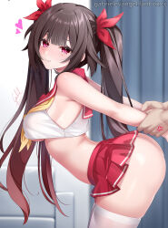 1boy 1girl alternate_costume anger_vein ass breasts brown_hair commentary cropped_shirt english_commentary from_side gabriel_evangel grabbing_another&#039;s_arm grabbing_from_behind heart highres honkai:_star_rail honkai_(series) indoors leaning_forward medium_breasts microskirt no_panties paid_reward_available purple_eyes red_skirt skirt sparkle_(honkai:_star_rail) thighhighs twintails underboob white_thighhighs