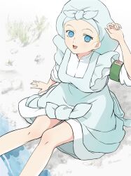 1girl armband beach blonde_hair breasts dianna_soreil dress from_above gundam highres knot legs looking_at_viewer medium_breasts mitsutsu322 nurse open_mouth skirt sleeves_rolled_up smile solo tied_skirt turn_a_gundam water white_dress