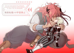 1boy 1girl ankle_socks black_gloves black_horns black_nails black_pants blonde_hair bracer braid breasts closed_eyes colored_skin commentary_request couple dark-skinned_male dark_skin demon_boy dragon_quest dragon_quest_x elf_(dq10) f_(user_uwps5283) fairy_wings fur_vest gloves gradient_background grey_pants hand_on_another&#039;s_chin height_difference hetero horns kiss long_hair mary_janes messy_hair oc_x_canon pants petite pink_skin pointy_ears red_background red_hair red_sash sandals sash shirt shoes sitting size_difference small_breasts socks striped_clothes striped_pants vertical-striped_clothes vertical-striped_pants watermark white_background white_shirt white_socks wings yushuka_(dragon_quest)