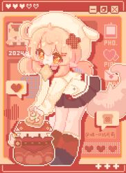 1girl ahoge animated animated_gif blonde_hair child chinese_commentary commentary_request genshin_impact hair_between_eyes hat highres jumpy_dumpty kemonomimi_mode klee_(genshin_impact) long_hair long_sleeves looking_at_viewer low_twintails one_eye_closed orange_eyes pixel_art pleated_skirt pointy_ears skirt solo tail twintails wangdahong106