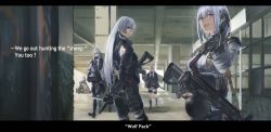 4girls ak-12 ak-12_(girls&#039;_frontline) ak-15 ak-15_(girls&#039;_frontline) an-94 an-94_(girls&#039;_frontline) assault_rifle blonde_hair braid closed_eyes dagger defy_(girls&#039;_frontline) drum_magazine english_text girls&#039;_frontline gun hair_ornament hairband highres indoors jacket kalashnikov_rifle knife letterboxed light_machine_gun long_hair looking_at_viewer m4a1_(girls&#039;_frontline) m4a1_(mod3)_(girls&#039;_frontline) machine_gun magazine_(weapon) military military_jacket military_operator military_uniform military_vehicle mod3_(girls&#039;_frontline) multiple_girls open_mouth purple_eyes rifle rpk rpk-16 rpk-16_(girls&#039;_frontline) short_hair shorts side_braid silver_hair simple_background speech_bubble st_ar-15_(girls&#039;_frontline) st_ar-15_(mod3)_(girls&#039;_frontline) standing standing_on_one_leg tagme utsuda very_long_hair weapon
