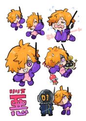 Rule 34 | af60489, ahoge, blush, bodysuit, chibi, crying, evil smile, fluffy hair, hair over one eye, highres, jacket, one piece, orange hair, pink eyes, purple jacket, pursed lips, radio antenna, robot, smile, vegapunk edison, vegapunk lilith, vegapunk shaka, waving