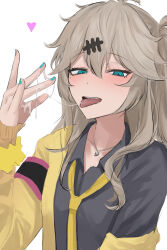 Rule 34 | 1girl, aqua eyes, armband, blonde hair, cum, cum on body, cum on fingers, cum string, eru aise, gyaru, heart, highres, jewelry, kasukabe tsumugi, kogal, long hair, nail polish, necklace, necktie, solo, tongue, tongue out, voicevox, white background