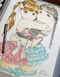 2girls absurdres art_tools_in_frame artist_name bare_shoulders blue_bow blue_nails blue_ribbon blue_skirt blunt_bangs bound bow bowtie braid braided_twintails breasts brown_eyes brown_hair closed_mouth cowboy_shot dated dot_nose drawing_(object) dutch_angle expressionless frilled_skirt frills grey_eyes grey_hair hair_bow hair_ornament highres ink_(medium) lips looking_at_viewer medium_breasts multiple_girls nagomurasan nail_polish original pastel_(medium) pen_(medium) pink_bow pink_nails pink_ribbon pink_skirt ponytail puffy_short_sleeves puffy_sleeves ribbon ribbon_bondage short_sleeves signature skirt smile standing thighhighs traditional_media white_bow white_ribbon white_thighhighs wrapped_up