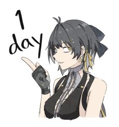 1girl bare_shoulders biscuitaart black_bow black_gloves bow breasts colored_inner_hair commentary cross-laced_clothes cross-laced_top earrings english_commentary english_text female_rover_(wuthering_waves) gloves grey_hair hair_bow hair_ribbon hand_up highres jewelry large_breasts long_hair looking_at_viewer multicolored_hair parted_lips partially_fingerless_gloves ribbon rover_(wuthering_waves) simple_background smile solo triangle_earrings white_background wuthering_waves yellow_eyes yellow_ribbon