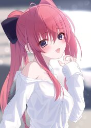1girl :d ahoge blurry blurry_background blush braid collared_shirt commentary_request eyes_visible_through_hair fang hair_between_eyes hand_up highres inui_sana kimuratamashi long_hair looking_at_viewer mashiroiro_symphony open_mouth ponytail purple_eyes red_hair shirt sidelocks single_bare_shoulder single_braid sleeves_past_wrists smile solo upper_body very_long_hair white_shirt
