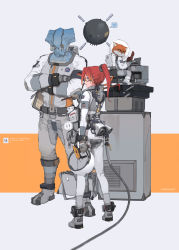 1girl ? artist_name blue_eyes brown_gloves cable cat clipboard colored_sclera crossed_arms drill glasses gloves highres holding holding_clipboard holding_pen logo looking_at_viewer miv4t nasa nasa_logo original pen ponytail power_drill power_tool red_hair short_hair short_ponytail sitting spacesuit speech_bubble spoken_question_mark yellow_sclera