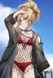 1girl arm_up bikini blonde_hair blue_sky blush braid breasts collarbone fate/apocrypha fate_(series) fishnet_top fishnets green_eyes hair_ornament hair_scrunchie half_up_braid highres long_hair long_sleeves looking_to_the_side medium_breasts mordred_(fate) mordred_(fate/apocrypha) navel parted_bangs ponytail red_bikini scrunchie sidelocks sky solo swimsuit tonee