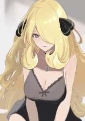 1girl bare_arms bare_shoulders black_choker black_dress blonde_hair breasts choker cleavage cynthia_(pokemon) dress grey_eyes hair_ornament hair_over_one_eye highres large_breasts long_hair looking_at_viewer nintendo one_eye_covered parted_lips pokemon pokemon_dppt revision ringosan2329 solo upper_body very_long_hair