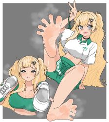 1girl :p absurdres barefoot blonde_hair blush breasts cleavage feet grey_eyes hair_ornament hairclip highres kantai_collection long_hair looking_at_viewer minneapolis_(kancolle) minneapolis_(tennis)_(kancolle) nairo open_mouth shoes soles sportswear steam tennis_uniform toes tongue tongue_out twintails unworn_shoes v