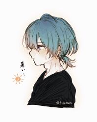 1boy adam&#039;s_apple black_shirt blue_eyes blush commentary_request fire_emblem fire_emblem:_three_houses from_side green_hair highres hot kinutaori looking_ahead male_byleth_(fire_emblem) male_focus nintendo parted_bangs parted_lips ponytail profile shirt short_ponytail simple_background solo summer sun sweat twitter_username v-neck white_background