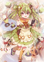 Rule 34 | 1girl, :3, :d, animal ears, apron, artist name, bare shoulders, black sandals, blush, cake, cake slice, cat, cat ears, collared dress, commentary, contrast collar, cup, dress, drinking glass, flower, food, frilled apron, frilled dress, frilled shirt collar, frilled sleeves, frills, fruit, green dress, green hair, green socks, highres, holding, holding phone, holding tray, long hair, long sleeves, looking at viewer, open mouth, orange thighhighs, original, parfait, phone, platform sandals, red eyes, sandals, sleeveless, sleeveless dress, smile, socks, socks over thighhighs, solo, spoon, standing, strawberry, symbol-only commentary, thighhighs, tray, tsukumi bis, twitter username, waist apron, white apron, white flower, wide sleeves