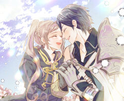 1boy 1girl armor black_robe blue_hair blue_shirt blue_sky braid chrom_(fire_emblem) collarbone commentary commission couple english_commentary facing_another fire_emblem fire_emblem_awakening gloves grey_gloves grey_hair happy happy_tears hetero highres holding_hands interlocked_fingers long_hair long_sleeves nintendo open_clothes open_robe robe robin_(female)_(fire_emblem) robin_(fire_emblem) second-party_source shirt short_hair shoulder_armor single_sleeve sky tears twintails vaekzak white_gloves
