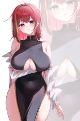 Rule 34 | 1girl, absurdres, ahoge, akane lize, arm under breasts, bare shoulders, black dress, breasts, brown eyes, china dress, chinese clothes, clothing cutout, covered navel, cowboy shot, dress, ear piercing, hashtag-only commentary, highres, jacket, large breasts, looking at viewer, medium hair, mole, mole under eye, multicolored hair, no panties, off shoulder, open mouth, pelvic curtain, piercing, red hair, simple background, sleeveless, sleeveless dress, solo, stellive, streaked hair, thighs, underboob, underboob cutout, virtual youtuber, white background, white jacket, yeomhwauranyum, zoom layer