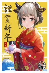 1girl 2021 animal_ear_piercing animal_ears blue_sash blush brown_eyes brown_hair chinese_zodiac cow cow_ears cow_horns cupping_hands ear_tag egasumi extra_ears fingernails floral_print floral_print_kimono highres horns japanese_clothes kimono long_fingernails long_sleeves looking_at_viewer mount_fuji new_year obi obiage original own_hands_together print_kimono purple_sash red_kimono sash short_eyebrows short_hair sidelocks smile solo thick_eyebrows umiwashi wide_sleeves year_of_the_ox yellow_background
