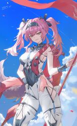 1girl absurdres armor armpit_crease black_bow blue_sky bodysuit bow breastplate breasts collar commentary confetti cowboy_shot dated day edison_(mvpg8237) hair_bow hair_ornament hairband highres holding holding_polearm holding_weapon long_hair looking_at_viewer lupa_(wuthering_waves) medium_breasts metal_collar metal_hairband outdoors parted_lips pink_hair polearm red_sash sash signature sky smile solo tacet_mark_(wuthering_waves) twintails weapon white_bodysuit wrist_guards wuthering_waves yellow_eyes