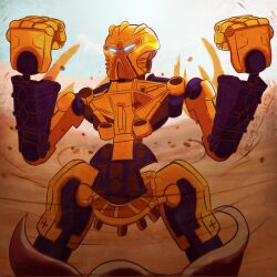 artist_name bionicle blue_eyes clenched_hands commentary cowboy_shot english_commentary eye_trail gerou100 glowing glowing_eyes kanohi_(bionicle) light_trail looking_to_the_side mask mata_nui_(toa)_(bionicle) sand the_lego_group