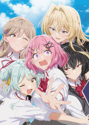 5girls ;) ;d amaori_renako aqua_hair black_hair blonde_hair brown_hair cloud hair_ornament hug key_visual koto_satsuki koyanagi_kaho leaning_on_person long_hair multiple_girls official_art one_eye_closed open_mouth ouzuka_mai pink_hair promotional_art school_uniform second-party_source sena_ajisai short_hair sky smile sweatdrop watashi_ga_koibito_ni_nareru_wake_naijan_murimuri! wavy_mouth x_hair_ornament
