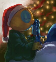 2boys age_difference apis blonde_hair christmas_tree closed_eyes dunsparce erection gen_2_pokemon hat highres kissing_penis male_focus mistletoe monster_boy multiple_boys nintendo penis pokemon pokemon_(creature) robe santa_hat shota solo_focus yaoi