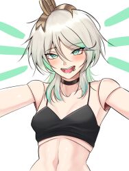 1girl absurdres alternate_costume black_camisole black_choker breasts camisole cecilia_immergreen choker crop_top doll_joints face_piercing gradient_hair green_eyes green_hair grey_hair highres hololive hololive_english joints lip_piercing medium_hair multicolored_hair nurizza_ilst open_mouth piercing small_breasts solo streaked_hair teeth virtual_youtuber winding_key