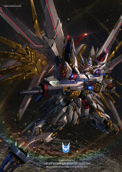 absurdres aiming artist_name beam_rifle brayanong999 character_name commentary_request energy_gun english_text eyes_visible_through_hair full_body glint glowing glowing_eye gun gundam gundam_seed gundam_seed_freedom highres holding holding_gun holding_weapon legs_apart lens_flare light_particles mecha mecha_focus mechanical_wings mighty_strike_freedom_gundam mobile_suit moon no_humans robot science_fiction solo space star_(sky) v-fin weapon wings yellow_eyes