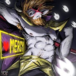 1boy abs absurdres animal_ears armor armpit_hair armpits asgore_dreemurr bara bare_pectorals beard biceps blonde_hair cape commentary english_commentary facial_hair fireball furry furry_male goat_ears goat_horns heart highres holding holding_polearm holding_weapon horns looking_to_the_side male_focus may0nnaixe muscular muscular_male navel nipples pectorals polearm purple_cape shoulder_armor topless_male undertale weapon