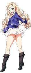 1girl ass bc_freedom_military_uniform blonde_hair blue_jacket boots commentary drill_hair erakin full_body girls_und_panzer green_eyes highres jacket long_hair looking_at_viewer marie_(girls_und_panzer) miniskirt open_mouth skirt smile solo thighs white_background